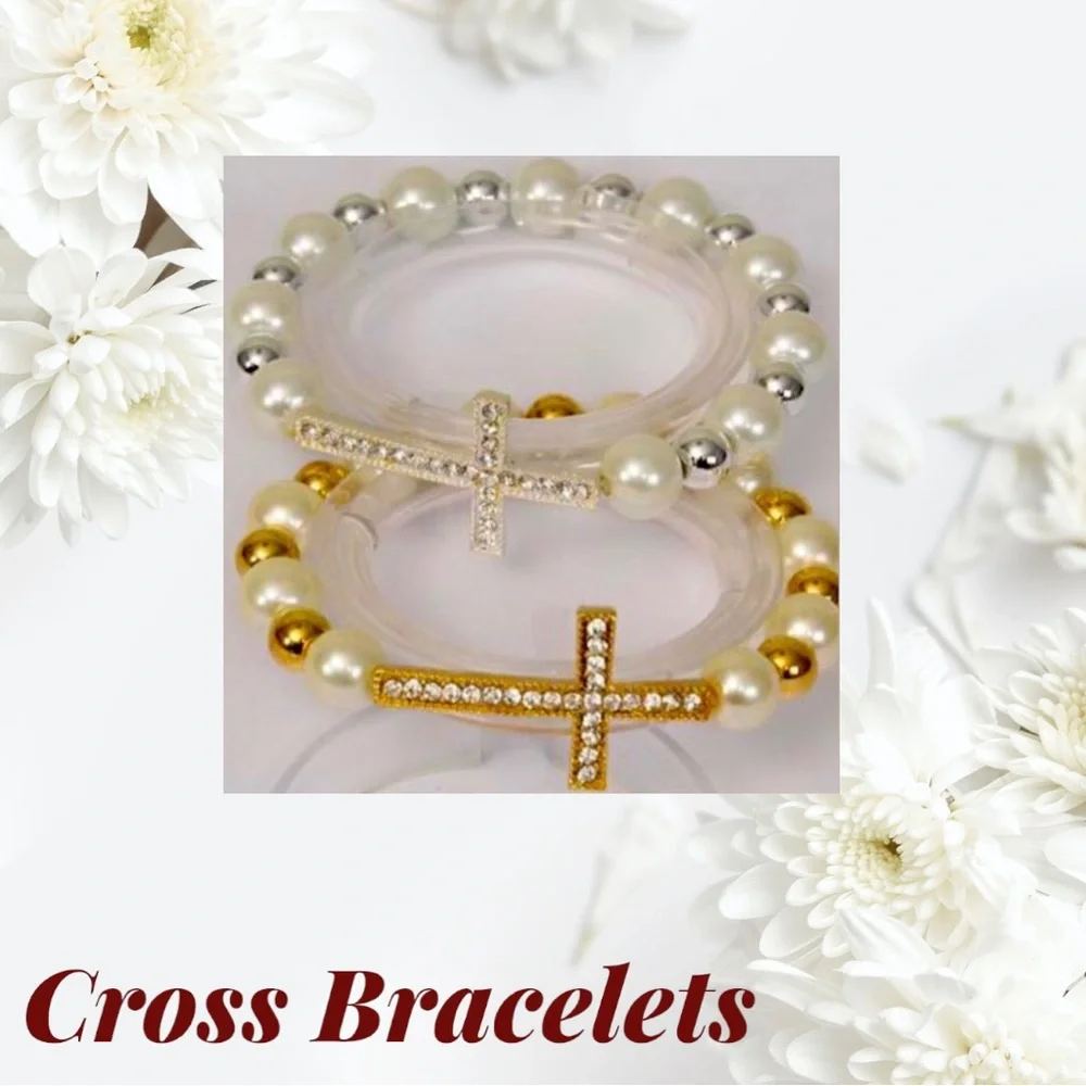 NWT-Faux Pearl & Rhinestone Sideways Cross Stretch Bracelets, Silver & Gold - Picture 1 of 7